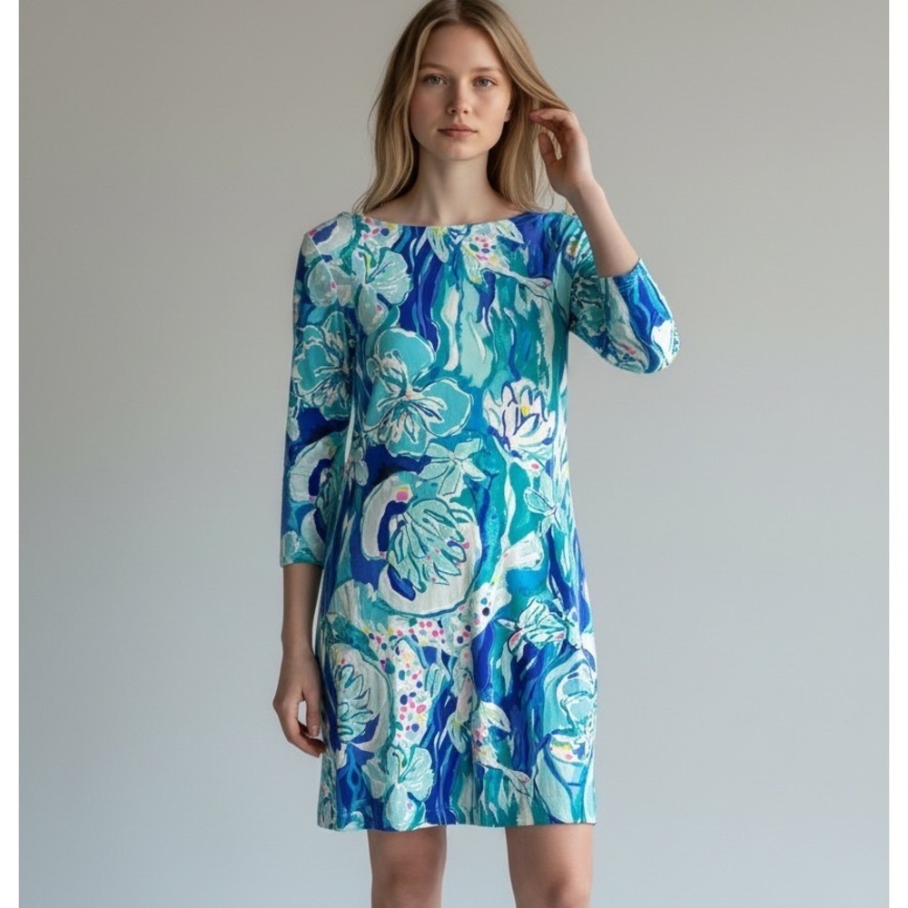 Lilly Pulitzer Blue Boatneck 1/2 Sleeve UPF 50+ Sophie Floral Blue Mini Dress L